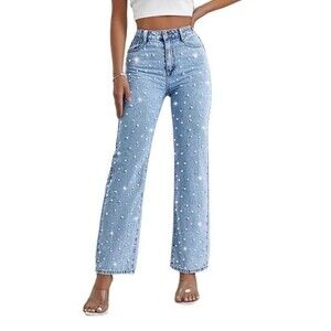 Womens PEARL Embellished  Wide Leg Jeans XL High Rise Stretch Light Wash 34 x 31